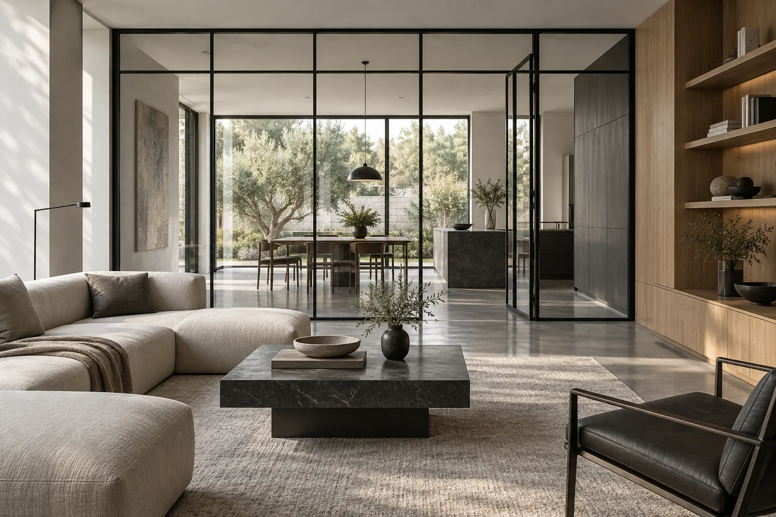 Concept d’intérieur avec bois clair, mobilier et cloison vitrée