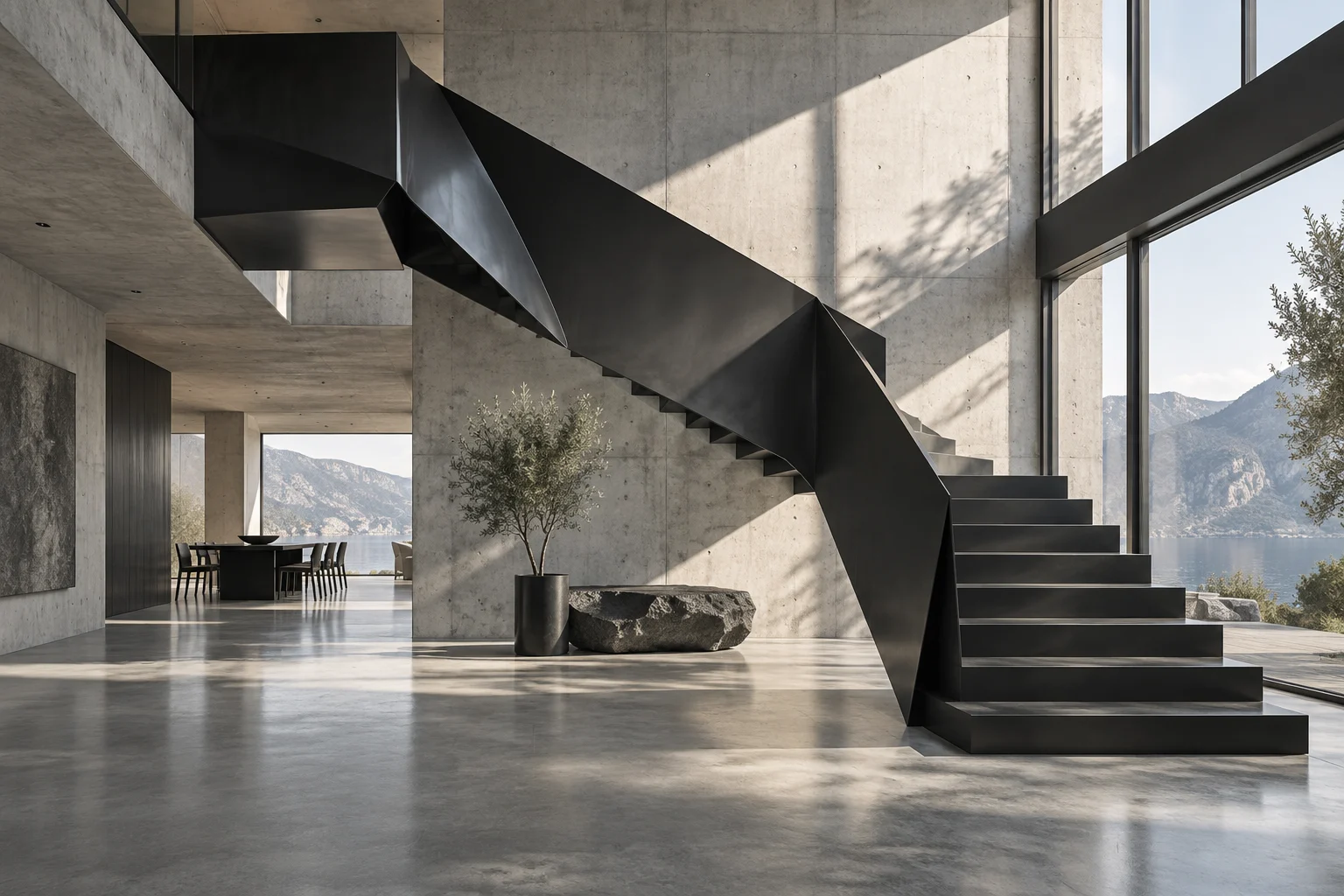 Concept d’un escalier sculptural en acier noir, dans un espace en béton ouvert sur le paysage